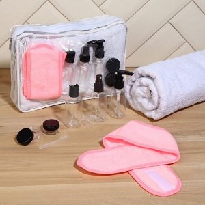 Набор банный, в косметичке, 8 предметов (полотенце 70 x 140 см, бутылочки 3 шт, баночки 2 шт, повязка на голову, лопатка) , цвет белый/розовый