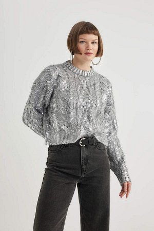 Блестящий свитер цвета металлик Relax Fit с круглым вырезом