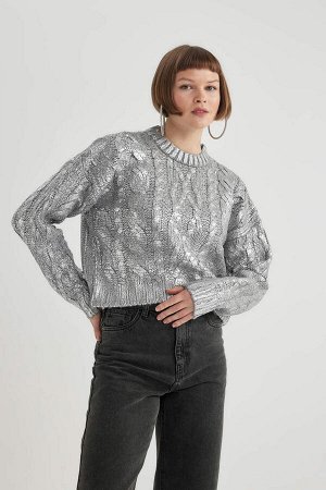 DEFACTO Блестящий свитер цвета металлик Relax Fit с круглым вырезом