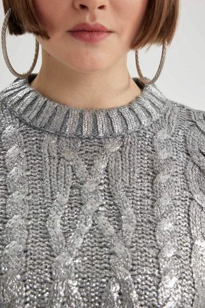DEFACTO Блестящий свитер цвета металлик Relax Fit с круглым вырезом