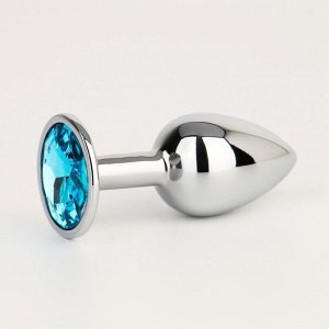 Анальная пробка Оки-Чпоки, серебряная, кристалл голубой, D = 28 мм