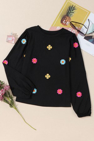Black Floral Embroidered Puff Sleeve Top