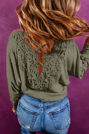 Laurel Green Lace-up Crochet Open Back Ribbed Top