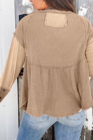 Light French Beige Waffle Knit Button Detail Exposed Seam Flowy Top