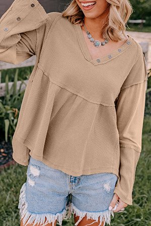 Light French Beige Waffle Knit Button Detail Exposed Seam Flowy Top