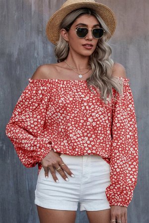 Fiery Red Floral Print Frill Trim Off-shoulder Lantern Sleeve Blouse