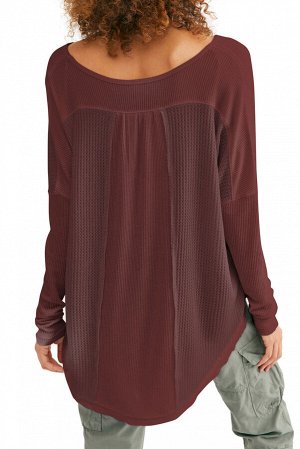 Red Dahlia Waffle Ribbed Knit Patchwork Henley Top