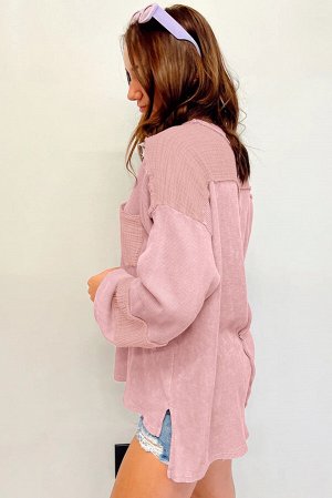 Pink Exposed Seam Patchwork Bubble Sleeve Waffle Knit Top