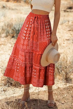 Красная многоярусная юбка миди в стиле Бохо