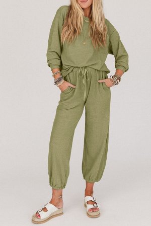 Laurel Green Waffle Knit Long Sleeve Top Drawstring Joggers Set