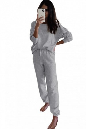 Gray Long Sleeve Top and Drawstring Pants Lounge Outfit