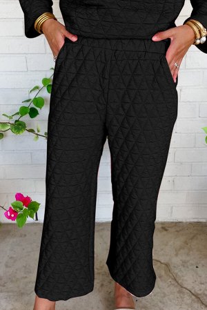 Black Solid Quilted Pullover and Pants Outfit