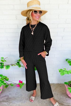 VitoRicci Black Solid Quilted Pullover and Pants Outfit