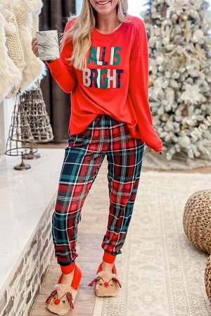 Multicolor ALL IS BRIGHT Graphic Christmas Plaid Pajamas Set