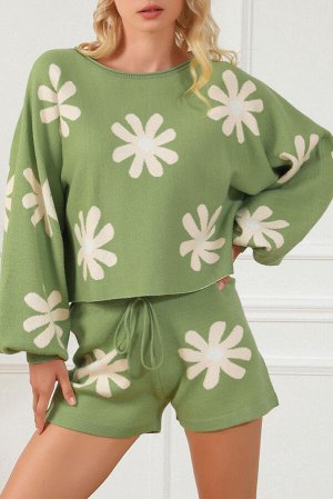 VitoRicci Green Flower Print Bubble Sleeve Knitted Sweater and Shorts Set