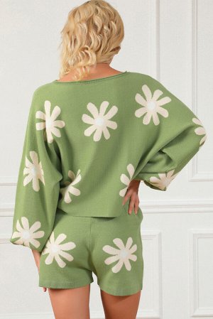 Green Flower Print Bubble Sleeve Knitted Sweater and Shorts Set