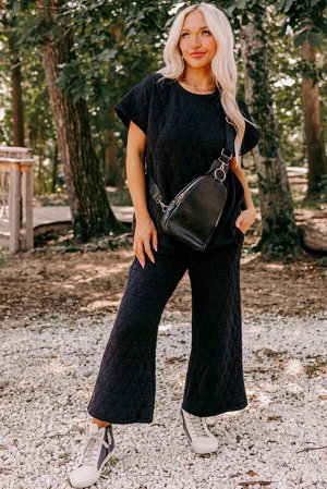 VitoRicci Black Quilted Short Sleeve Wide Leg Pants Set