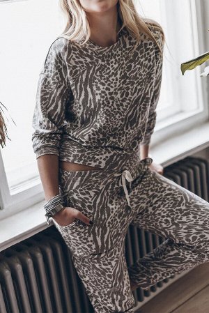 Leopard Long Sleeve Top Drawstring Pants Lounge Outfit