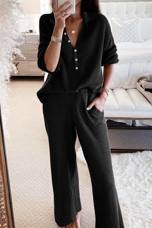 VitoRicci Black Ribbed Knit Collared Henley Top and Pants Lounge Outfit