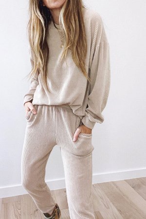 Apricot Pocketed Drop Shoulder Corded Sweat Suit