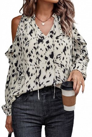 White Animal Print Ruffle Cold Shoulder Tie Blouse