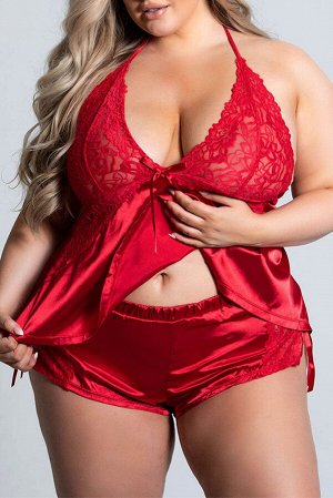 Красный сексуальный пижамный комплект большого размера кружевной топ халтер и атласные шорты