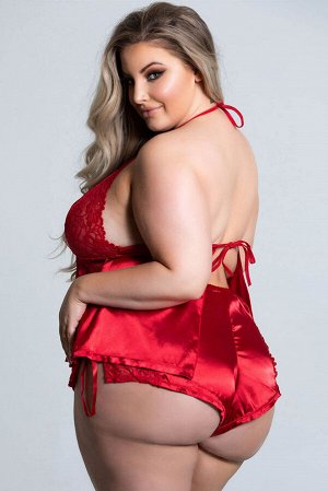 Красный сексуальный пижамный комплект большого размера кружевной топ халтер и атласные шорты
