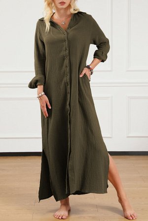 Оливковое длинное платье-рубашка прямого кроя