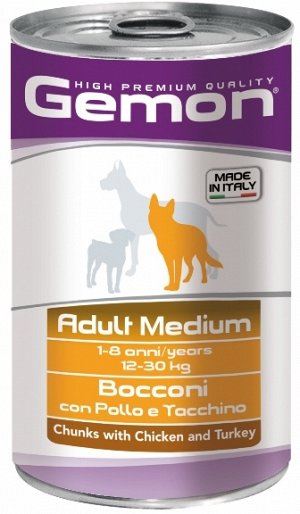Влажный корм Gemon Dog Medium для взрослых собак средних пород, кусочки с курицей и индейкой, консервы 1250 г