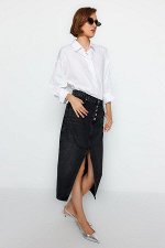 Черная джинсовая юбка миди на пуговицах с разрезом спереди