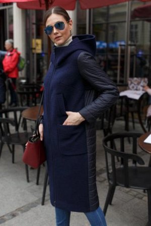 Пальто женское-плащ комбинированный с шерстью темно-синий