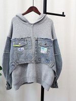 Женский комбинированный кардиган на молнии, с капюшоном