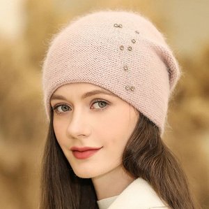 Женская вязаная шапка с добавлением кроличьей шерсти, с декором, светло-розовый