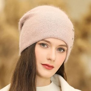 Женская вязаная шапка с добавлением кроличьей шерсти, с декором, светло-розовый