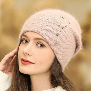 Женская вязаная шапка с добавлением кроличьей шерсти, с декором, светло-розовый
