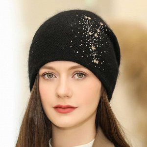 Женская вязаная шапка с добавлением кроличьей шерсти, с декором, черный
