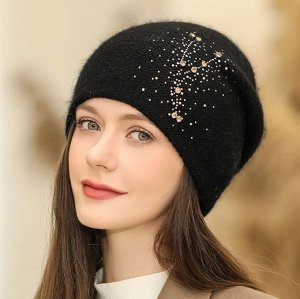 Женская вязаная шапка с добавлением кроличьей шерсти, с декором, черный
