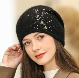 Женская вязаная шапка с добавлением кроличьей шерсти, с декором, черный