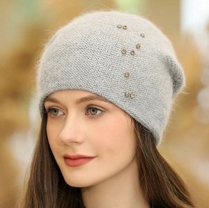 Женская вязаная шапка с добавлением кроличьей шерсти, с декором, серый