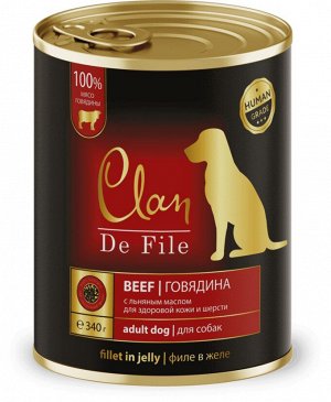 CLAN De File для здоровья кожи и шерсти, Говядина в желе с экстратом юкки и льняным маслом для собак всех пород, ж/б 340 гр 1/12