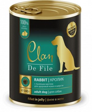 CLAN De File для здоровья кожи и шерсти, Кролик в желе с экстратом юкки и льняным маслом для собак всех пород, ж/б 340 гр 1/12