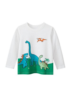 Детский лонгслив с принтом "Поляна с динозаврами", цвет белый