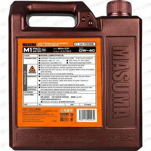 Масло моторное Masuma Motor Oil M1 0w40, синтетическое, API SN+/CF, ACEA A3/B4, универсальное, 4л, арт. M-1005E