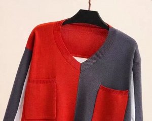 Комбинированный пуловер с v-образным вырезом, красно-серый