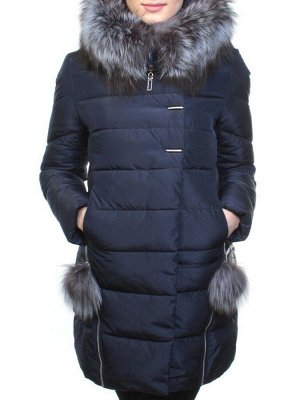 029 DK. BLUE Пальто зимнее женское (холлофайбер, натуральный мех чернобурки)