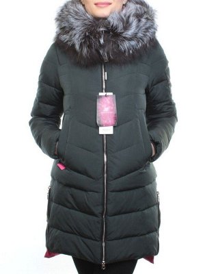 163-096 DK. GREEN Пальто зимнее женское (холлофайбер, натуральный мех чернобурки)