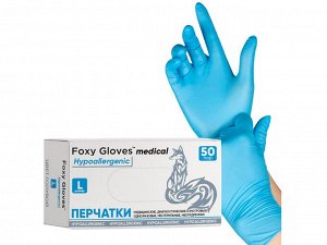 Перчатки Foxy-Gloves смотровые нитриловые, неопудренные, нестерильные, цвет голубой, 50 пар/упаковка, Китай