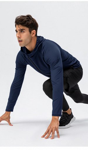 Мужская спортивная кофта на молнии, с капюшоном, цвет темно-синий