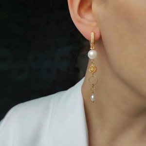 Серьги с жемчугом и шариками в позолоченной фурнитуре