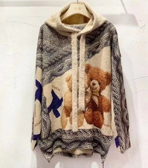 Пуловер с капюшоном из мягкого трикотажа с принтом и стразами, хаки